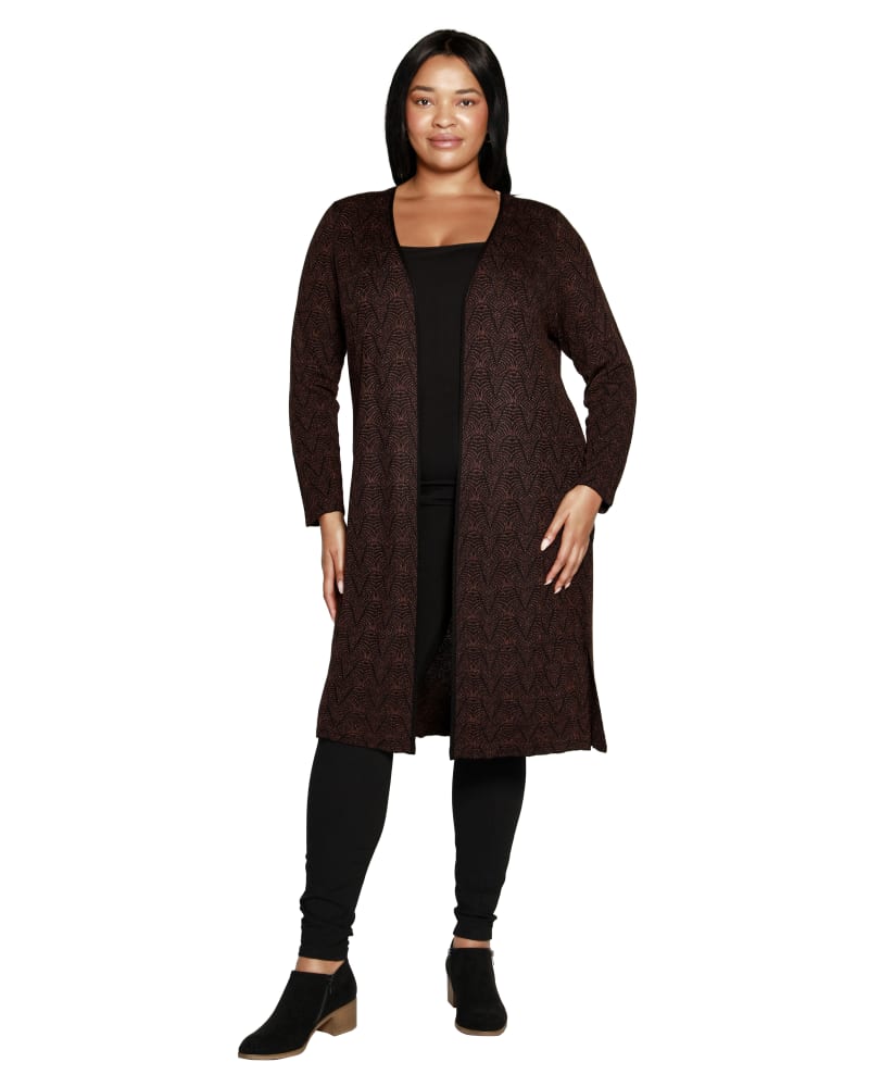 Front of a model wearing a size 2X Plus Size Lurex Long Cardigan in Black Copper Combo by Belldini. | dia_product_style_image_id:319539